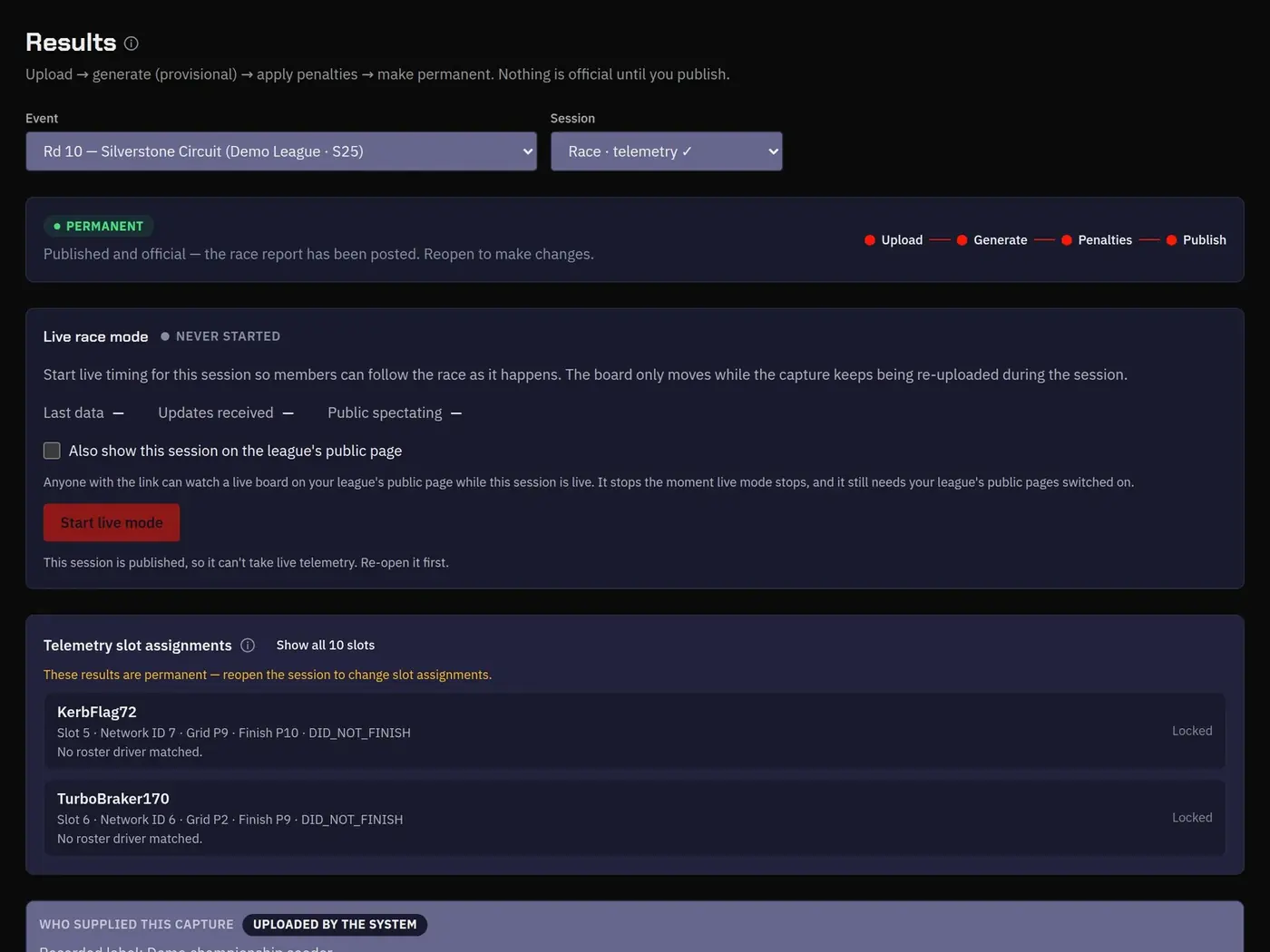 The results pipeline: upload, generate, apply penalties, publish