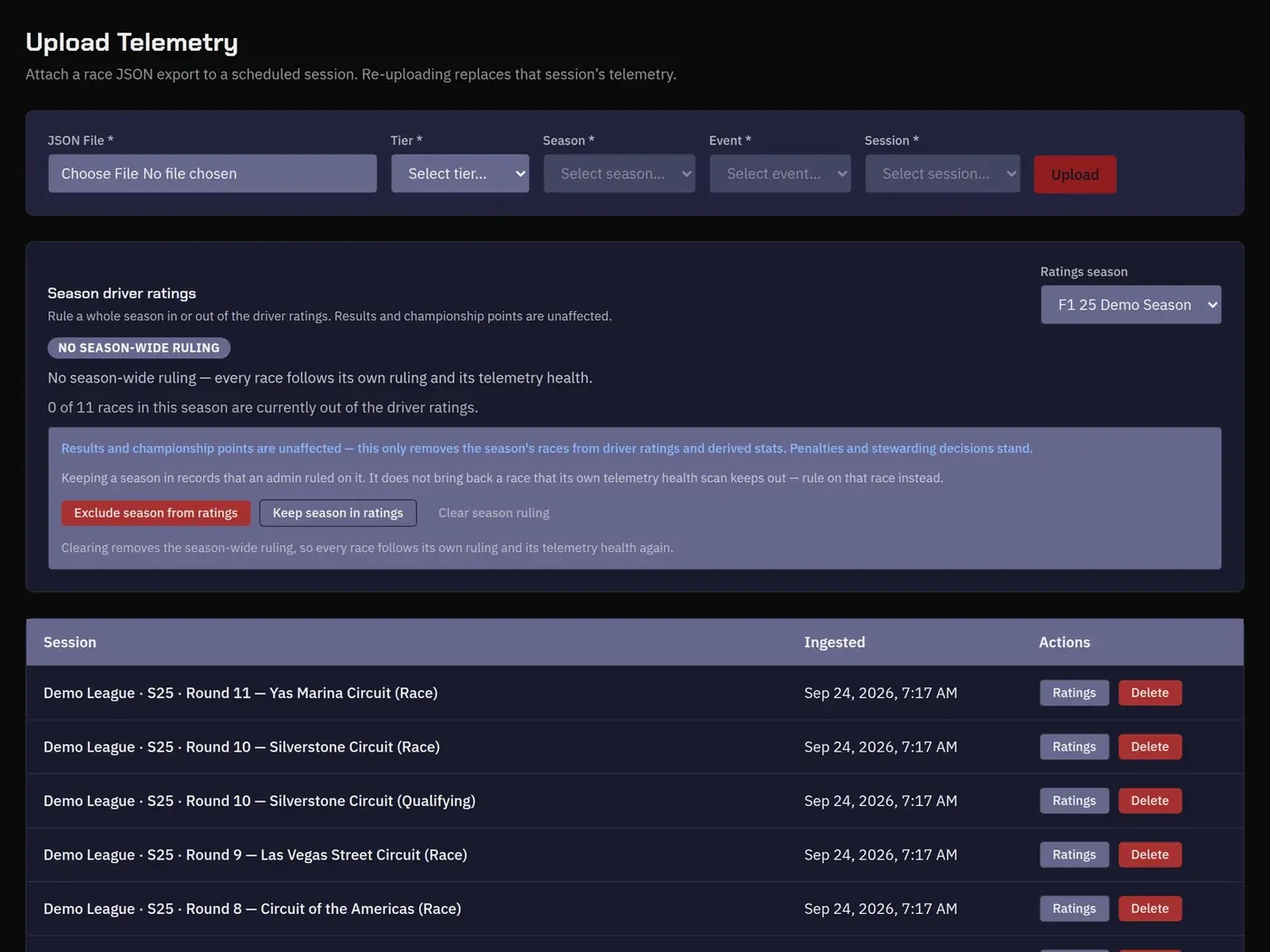 The upload page, listing every session uploaded for the season